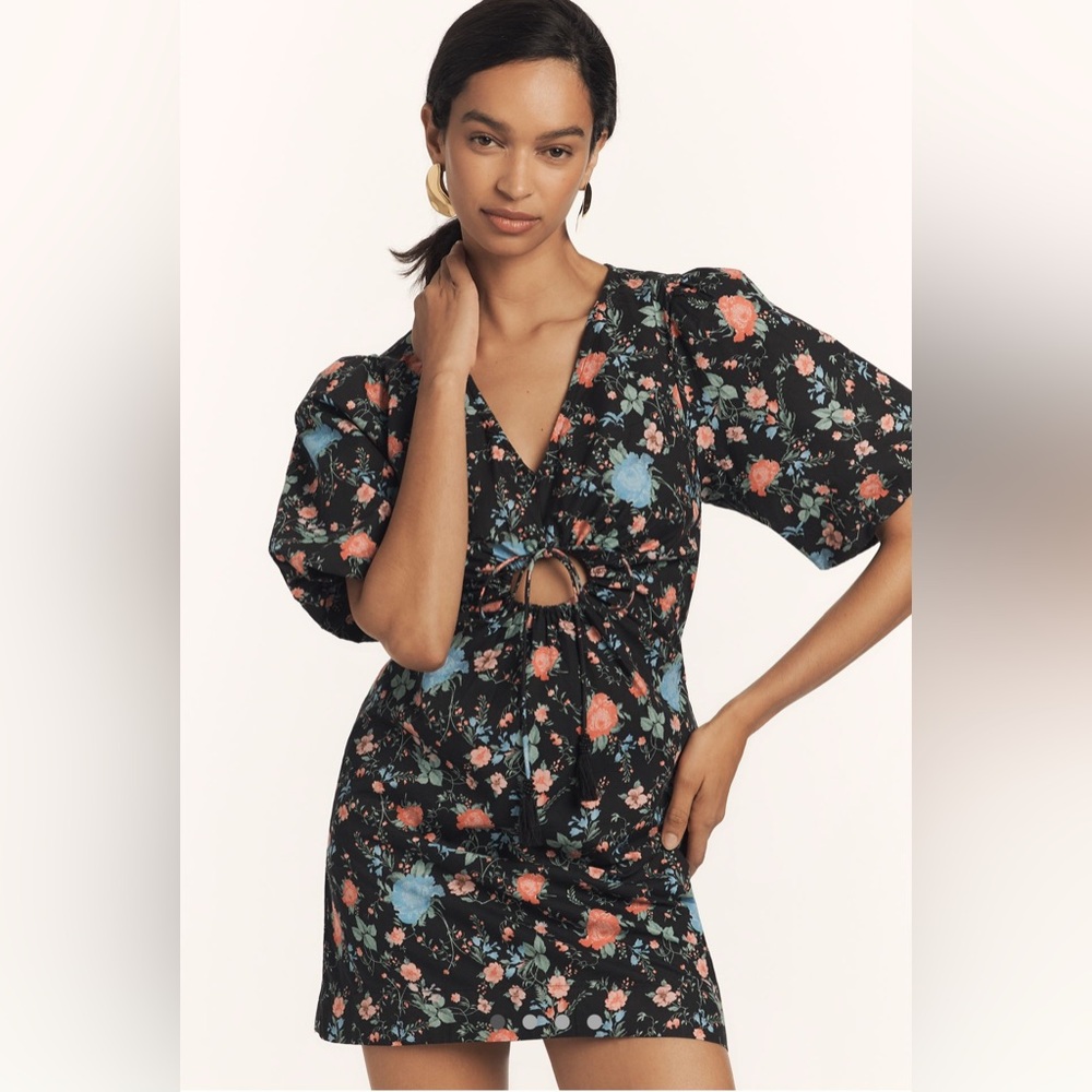 Maeve x Anthropologie Black Mini Dress with Coral and Light Blue Floral Print